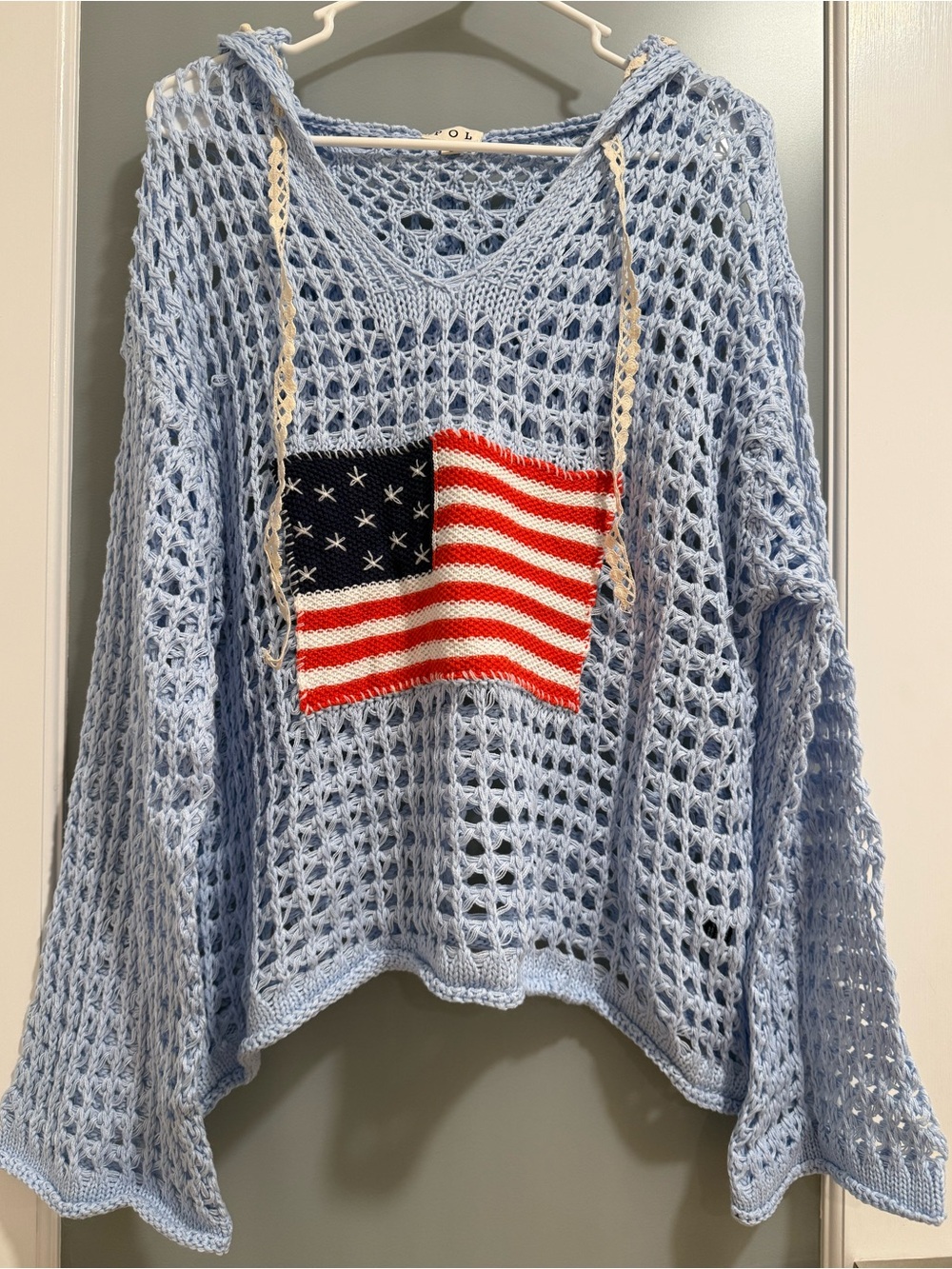 POL Light Blue Crochet Open-Knit V-Neck Sweater with Flag Patch Hooded